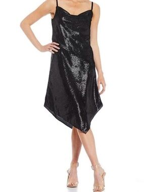 Trina Turk Black Sequin Asymmetrical Slip Dress